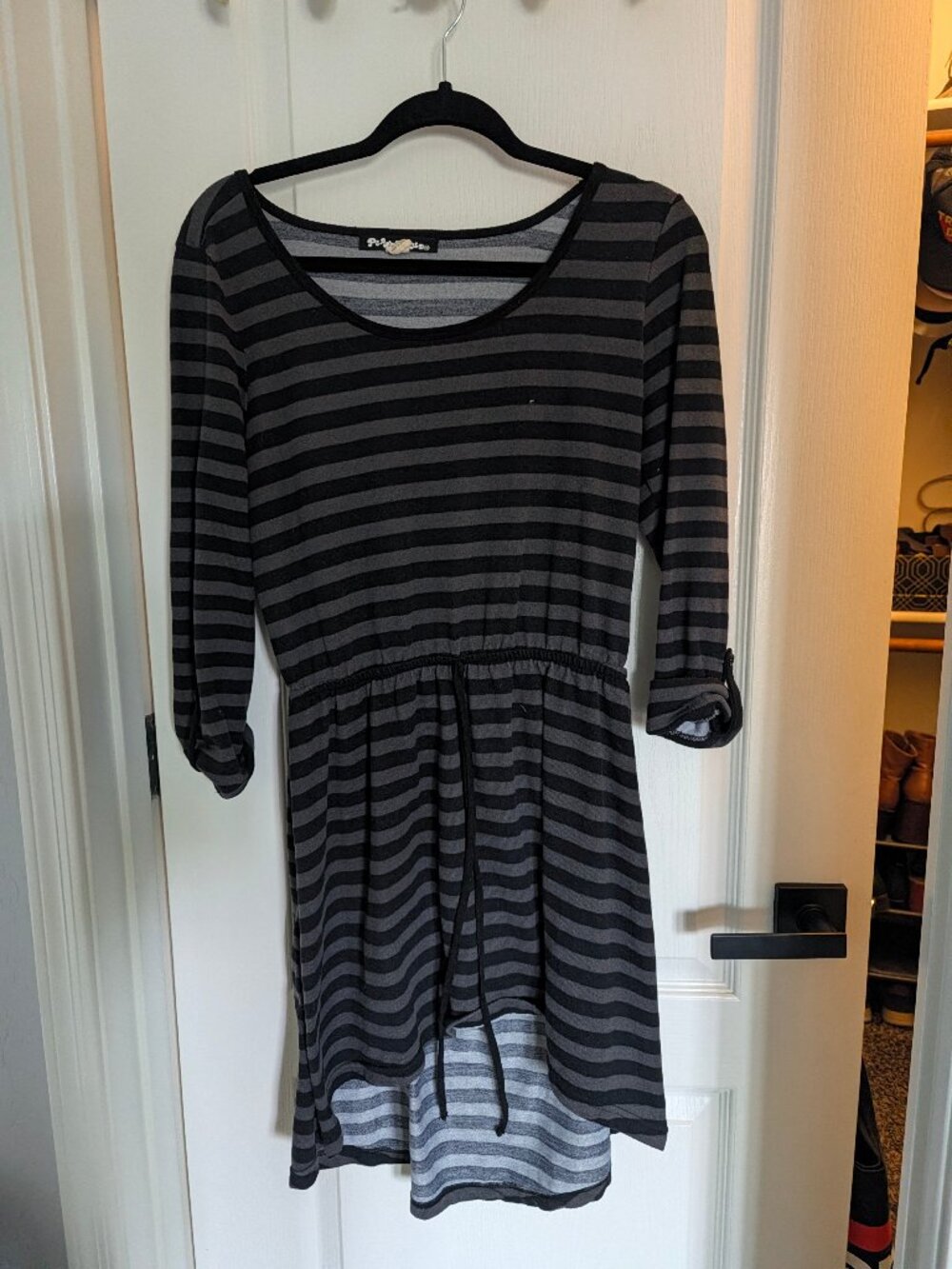 Planet Gold Black & Gray Striped High-Low Dress – Drawstring Waist - L